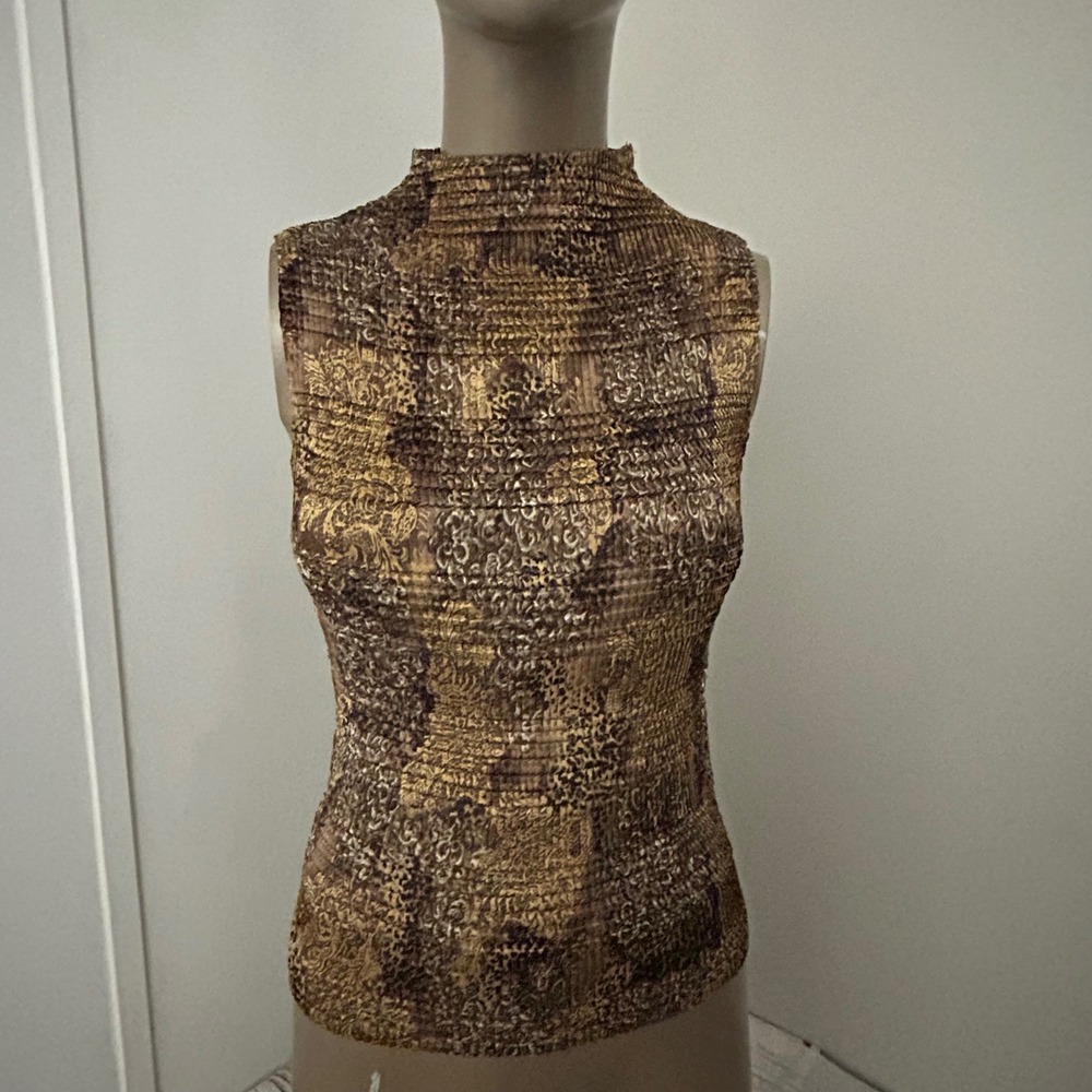 Nicola Womens Brown Gold Damask Animal Print Popcorn Smocked Mock Neck Top S